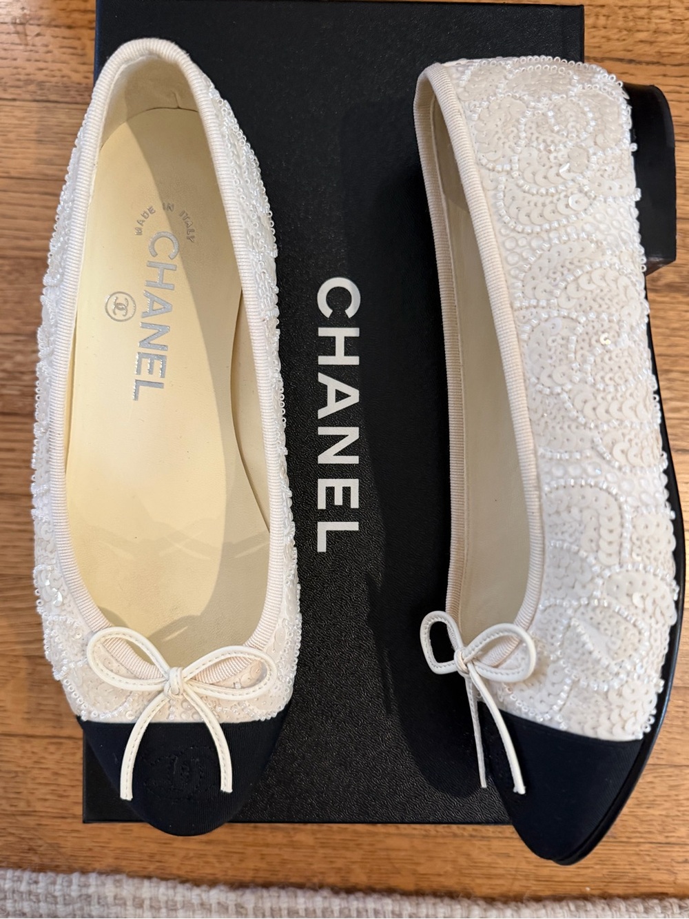Chanel Women's White Beaded Cap-Toe Ballet Flats